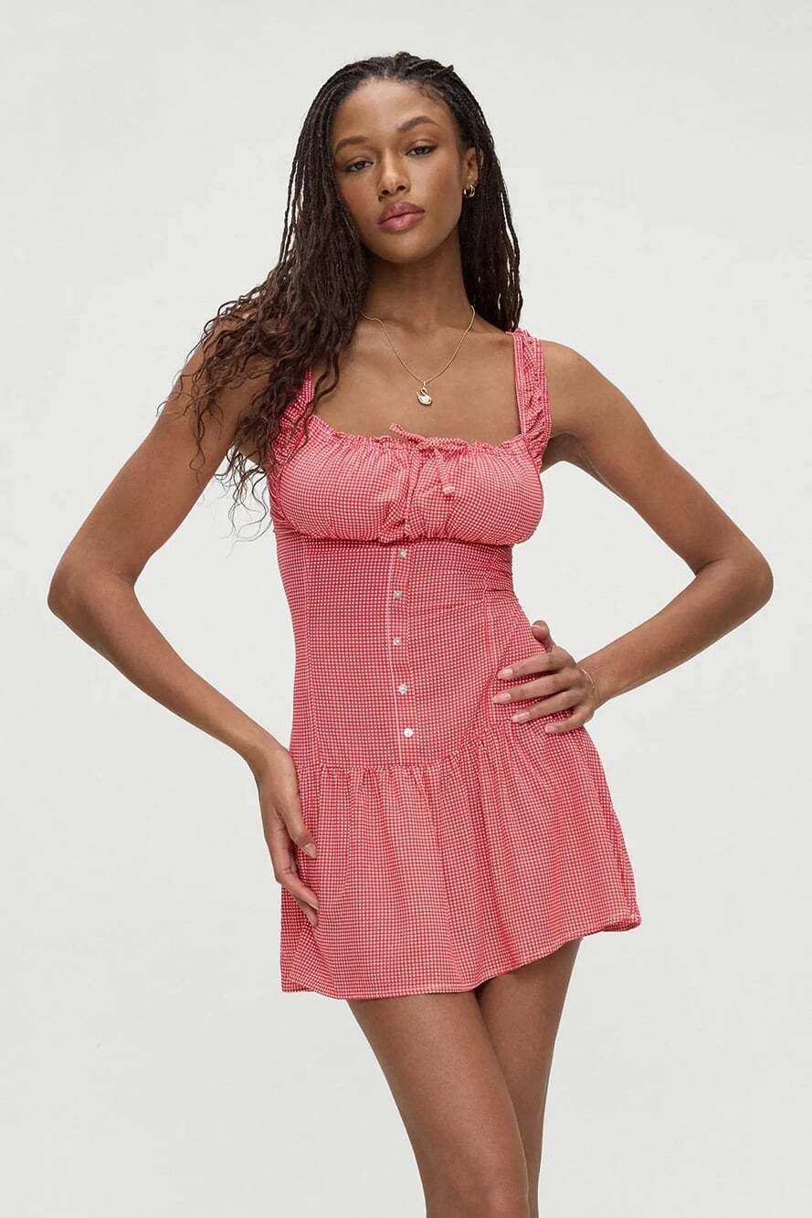 Frankie's Bikinis Red and White Gingham Off-Shoulder Dress Size Small